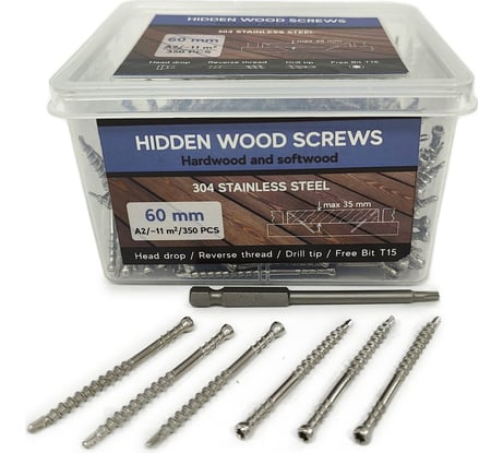 Саморезы Camo Hidden Wood Screws A2 60 mm, 350 шт., для скрытого монтажа террас и фасадов с помощью инструмента Marksman арт. 60350A2