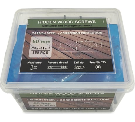 Саморезы с антикоррозийным покрытием для скрытого монтажа террас и фасадов с помощью инструмента Marksman Camo Hidden Wood Screws C4 60 mm, 350 шт. 60350C4