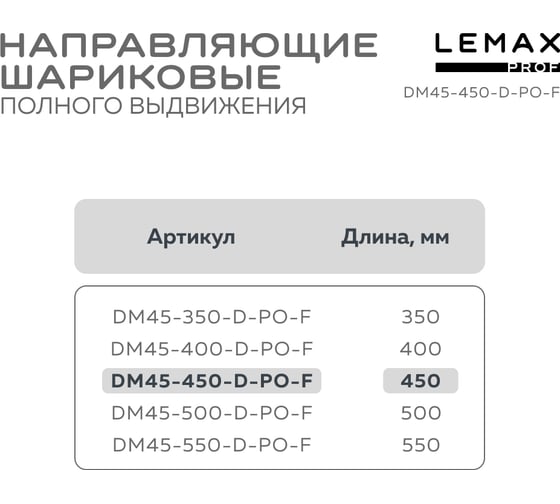 Шариковые направляющие полного выдвижения Lemax PROF с доводчиком + push-to-open, 450 мм DM45-450-D-PO-F