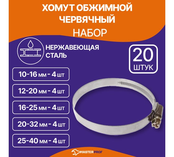 Набор обжимных хомутов MasterProf 5 размеров, 20 шт., нержавеющая сталь, 10-16 мм, 12-20 мм, 16-25 мм, 20-32 мм, 25-40 мм ИС.140912