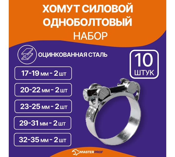 Набор силовых хомутов MasterProf 5 размеров, 10 шт., оцинк, 17-19 мм, 20-22 мм, 23-25 мм, 29-31 мм, 32-35 мм ИС.140916