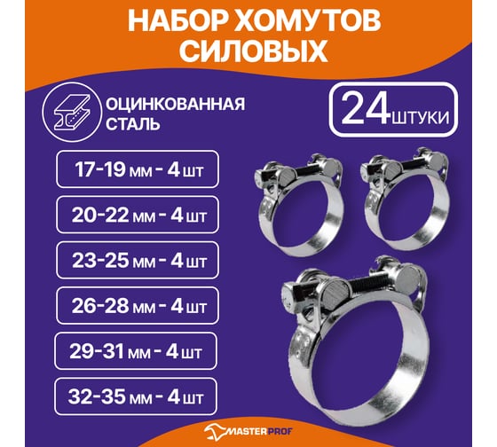 Набор силовых хомутов MasterProf оцинкованные, 6 размеров: 17-19, 20-22, 23-25, 26-28, 29-31, 32-35, 24 шт. ИС.140932