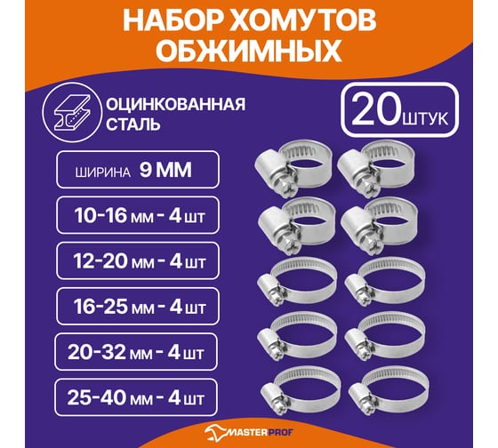 Набор обжимных червячных хомутов MasterProf 5 размеров: 10-16, 12-20, 16-25, 20-32, 25-40 мм, оцинк, 20 шт. ИС.140933