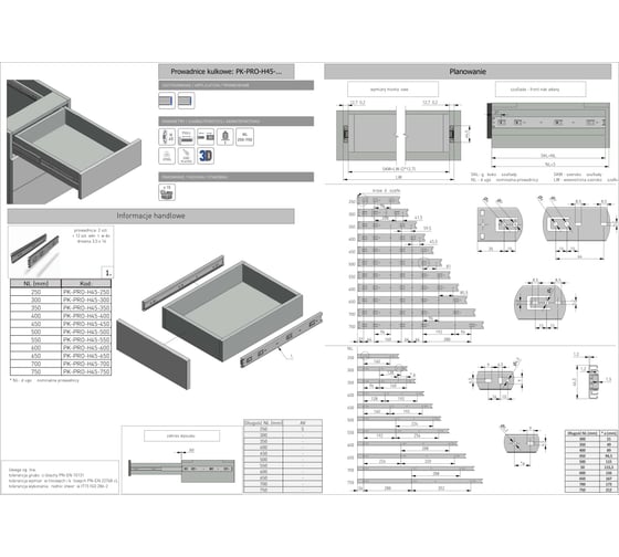Шариковые направляющие полного выдвижения GTV 45х500 мм, 50 кг PK-PRO-H45-500