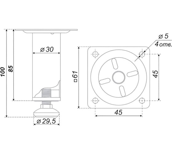 Опора Mebax 30мм, 100-115мм, хром, комплект 4 шт. 00-00002628