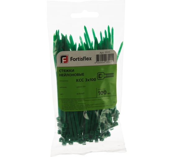 Нейлоновые стяжки FORTISFLEX КСС 3х100 зеленый 100 штук 55115