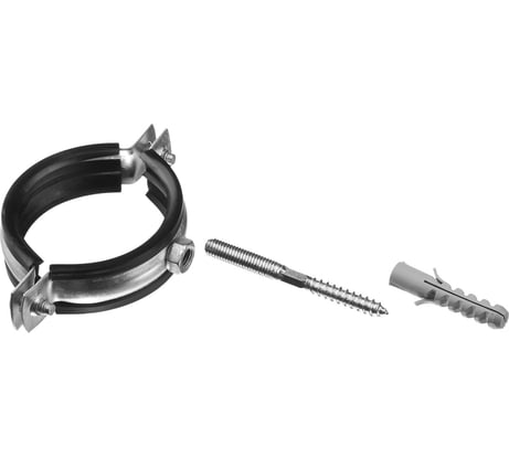 Трубный хомут с гайкой ЗУБР оцинкованный, в комплекте с сантехнической шпилькой и дюбелем 37866-59-65