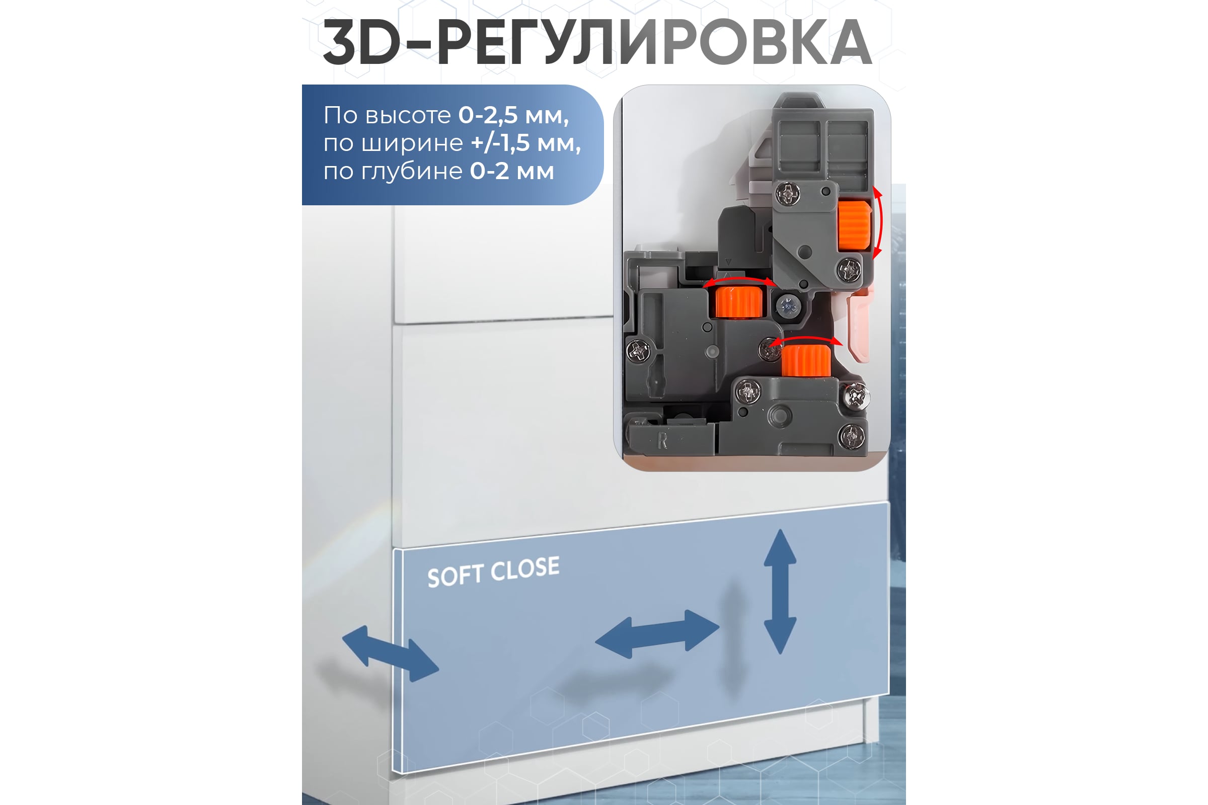 НаправляющиескрытогомонтажаGTVMODERNSLIDEL-250с3Dрегулировкойполноговыдвижения,длядеревянныхящиковсдоводчикомPB-3D0SHX18-250-H