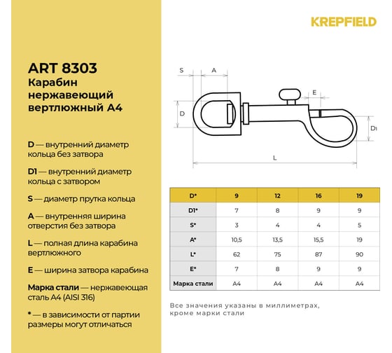 Нержавеющий карабин KREPFIELD 19 мм вертлюжный с задвижной защелкой art 8303 а4 4 шт. 8303А4КАРАБИН19ММ-4