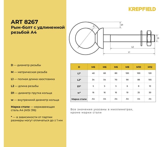 Нержавеющий рым-болт KREPFIELD м10x100, art 8267, А4, 10 шт. 8267А4РЫМБОЛТМ10X100-10