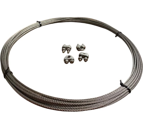 Трос 23 Болта нержавеющий, 4 мм, бухта 30 м + нержавеющие зажимы, 4 шт. 11358 1