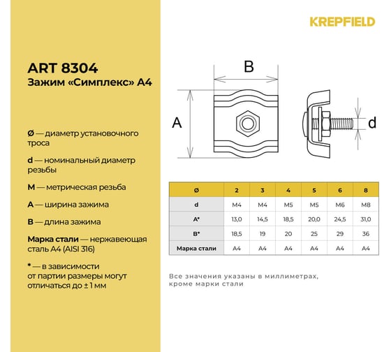Зажим нержавеющий KREPFIELD 4 мм, "симплекс" А4, 10 шт, ART 8304 8304А4ЗАЖИМ4ММ-10