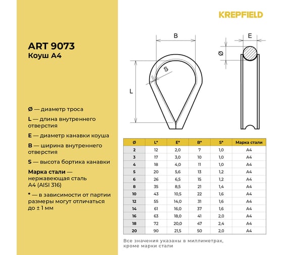 Коуш нержавеющий KREPFIELD 10 мм, ART 9073, А4, 2 шт. 9073А4КОУШ10ММ-2