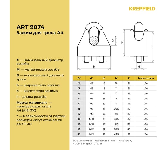 Зажим нержавеющий KREPFIELD 13 мм, ART 9074, А4, для троса с двумя гайками, 4 шт. 9074А4ЗАЖИМ13ММ-4