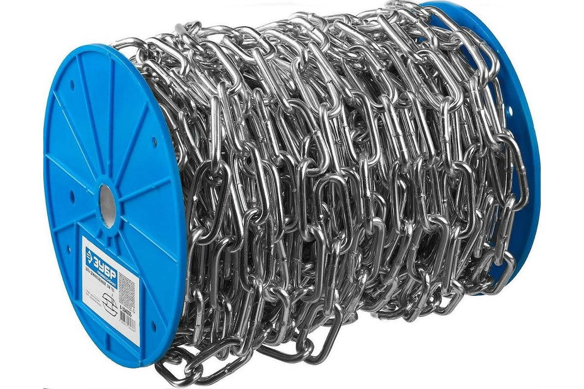 Цепь длиннозвенная, DIN 763, оцинкованная сталь, d=6мм, L=30м, ЗУБР Профессионал (4-304030-06)