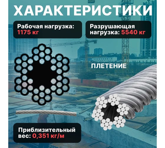Стальной трос STARFIX круглопрядный SWR М10 DIN 3055 бухта 100 м SMP-53680-100