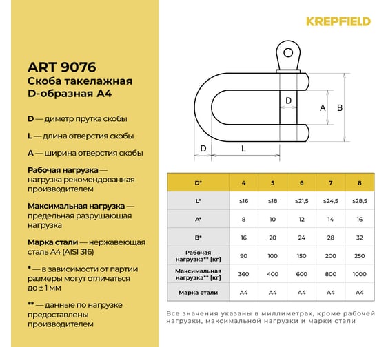 Нержавеющая такелажная скоба KREPFIELD 4 мм, ART 9076, А4 9076А4СКОБА4ММ-1