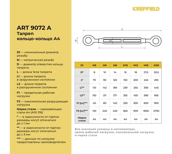 Нержавеющий талреп KREPFIELD М5, ART 9072, А4, кольцо - кольцо, 10 шт. 9072АА4ТАЛРЕП5ММ-10