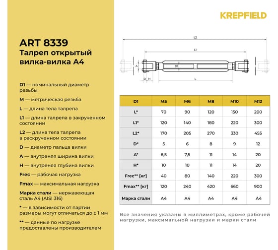 Нержавеющий талреп KREPFIELD М12, ART 8339, А4, вилка-вилка, открытый 8339А4ТАЛРЕП12ММ-1