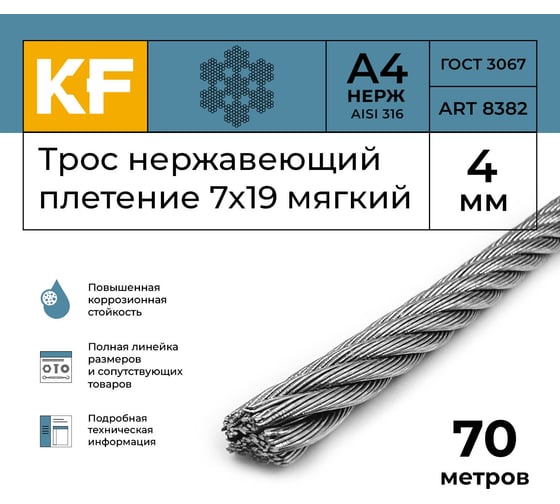 Нержавеющий трос KREPFIELD 4 мм, сталь А4, плетение 7x19, мягкий, 70 м 8382А4ТРОС4ММ-70