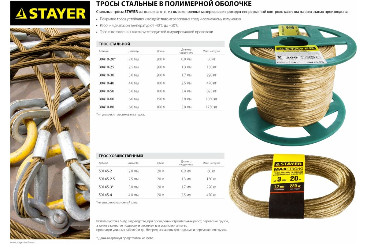 Стальной трос в полимерной оболочке STAYER 8 мм L=100 м 30410-80