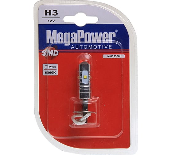 Автолампа H3 PK22s 6 SMD CREE WHITE 6000K 180лм 12V 1 10 100, блистер MEGAPOWER 80536 1
