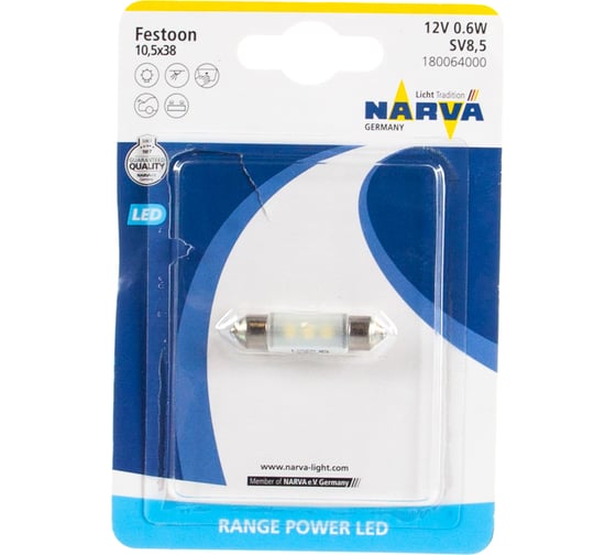 Автолампа C5W 0.6W SV8.5 38мм LED 6000K блистер, 12V 1 10 NEW NARVA 180064000