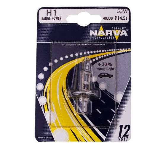 Автолампа H1 55 P14.5s+30% RANGE POWER блистер 12V 1 10 OLD NARVA 48330B1