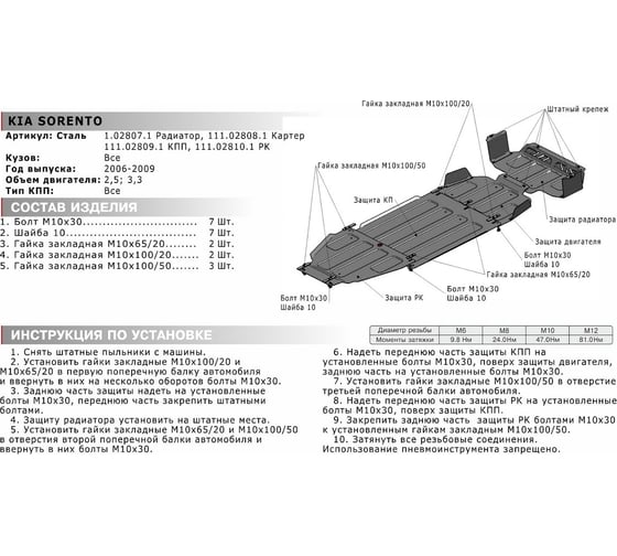 Защита РК для Kia Sorento 2006-2009 АвтоБроня сталь 2 мм, крепеж в комплекте 111.02810.1