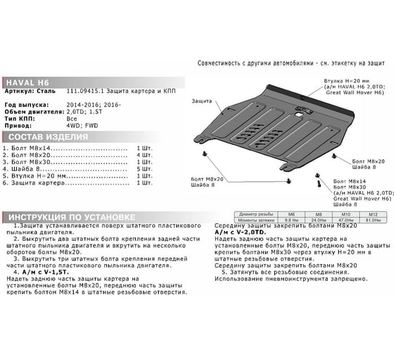 ЗК+КПП Great Wall Hover H6 2013-2015/Haval H6 2014-2016 2016-н.в. АвтоБроня сталь 2 мм 111.09415.1