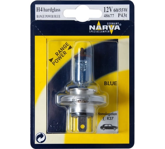 Автолампа NARVA H4 60 55 P43t-38+50% RANGE POWER BLUE блистер 12V 1 10 486774000