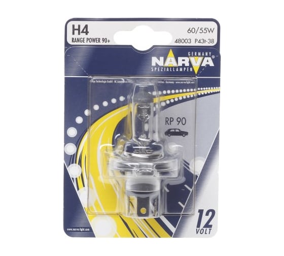 Автолампа NARVA H4 60 55 P43T-38+90% RANGE POWER блистер 12V 1 480034000