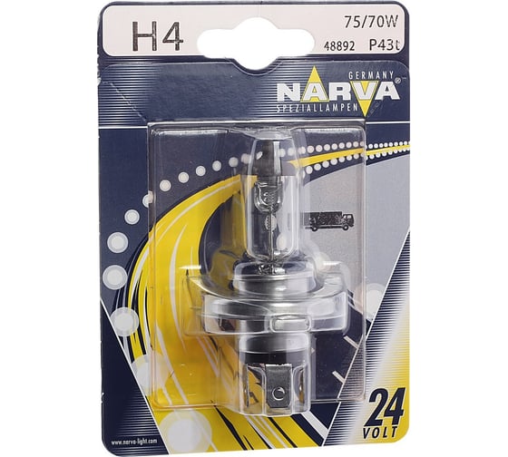 Автолампа NARVA H4 75 70 P43t-38 блистер 24V 1 10 488924000