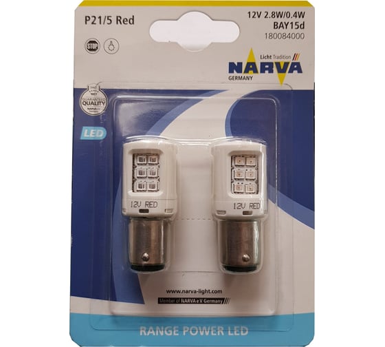 Автолампа NARVA P21 5 2.8W 0.4W BAY15d LED RED блистер, 2шт 12V 1 10 NEW 180084000