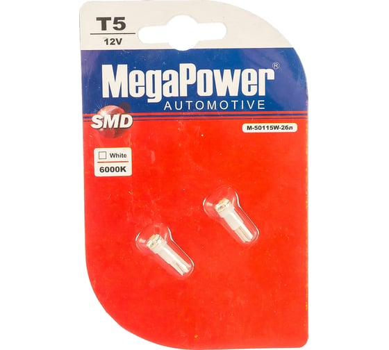 Автолампа MEGAPOWER T5 W2x4.6d 3 SMD 3020 WHITE блистер с тестером 2шт 6000K 21лм 12V 1 25 50115