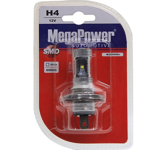 Автолампа MEGAPOWER H4 P43t 6 SMD CREE WHITE 6000K блистер 180лм 12V 1 10 100 80545 1