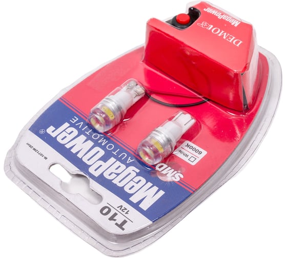 Автолампа MEGAPOWER T10W W2.1x9.5d 1 SMD 7080 WHITE 6000K 80лм 12V 10 100 10712