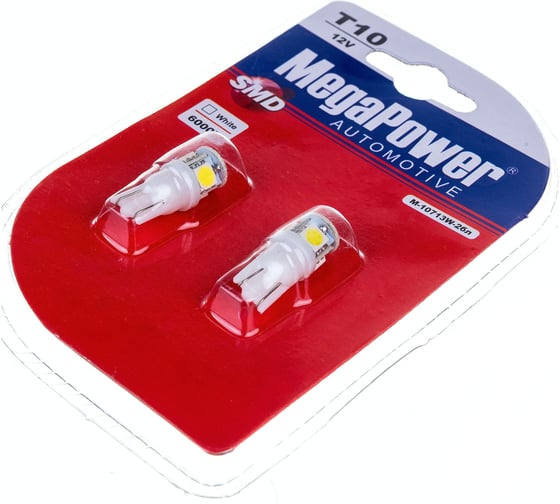 Автолампа MEGAPOWER T10W W2.1x9.5d 4 SMD 5050 WHITE блистер 2 шт 6000K 80лм 12V 1 50 10713