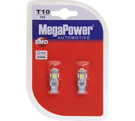 Автолампа T10W W2.1x9.5d 5 SMD 5050 WHITE 6000K MEGAPOWER M-70215W-2бл