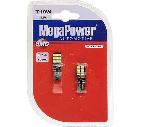 Автолампа T10W W2.1x9.5d 24 SMD 4014 WHITE 6000K с блокиратором ошибок MEGAPOWER M-70329W-2бл