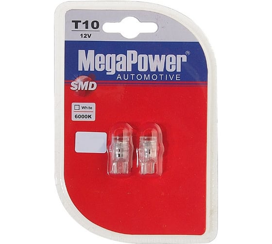 Автолампа T10W W2.1x9.5d 3 SMD 2835 WHITE блистер MEGAPOWER M-10103W-2бл 1