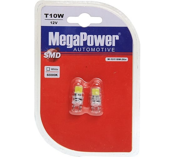 Автолампа T10W W2.1x9.5d 2 LED COB WHITE блистер MEGAPOWER M-10118W-2бл 1