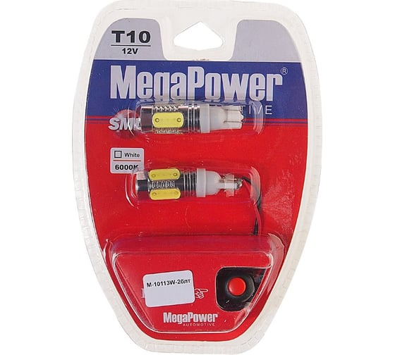 Автолампа T10W W2.1x9.5d 4 SMD MEGA WHITE блистер MEGAPOWER M-10113W-2блт 1