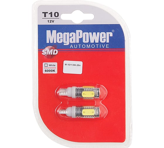 Автолампа T10W W2.1x9.5d 4 SMD MEGA WHITE MEGAPOWER M-10113W-2бл 1