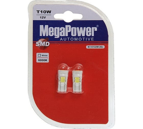 Автолампа T10W W2.1x9.5d CERAMIC 6 SMD 5630 WHITE MEGAPOWER M-10122W-2бл 1