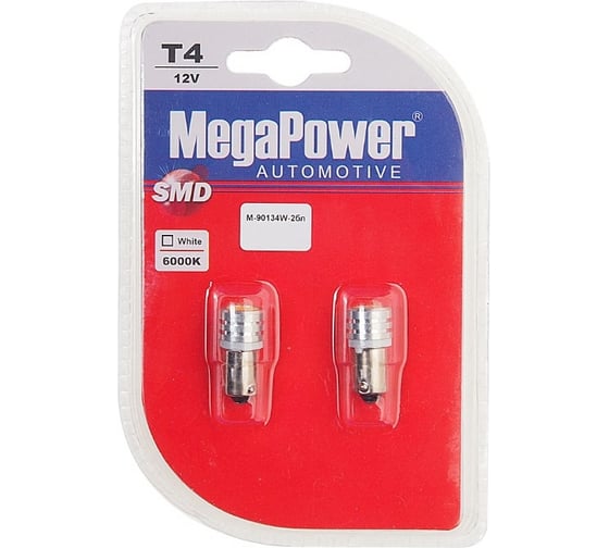 Автолампа T4W BA9s 1 SMD 7080 WHITE блистер MEGAPOWER M-90134W-2бл 1