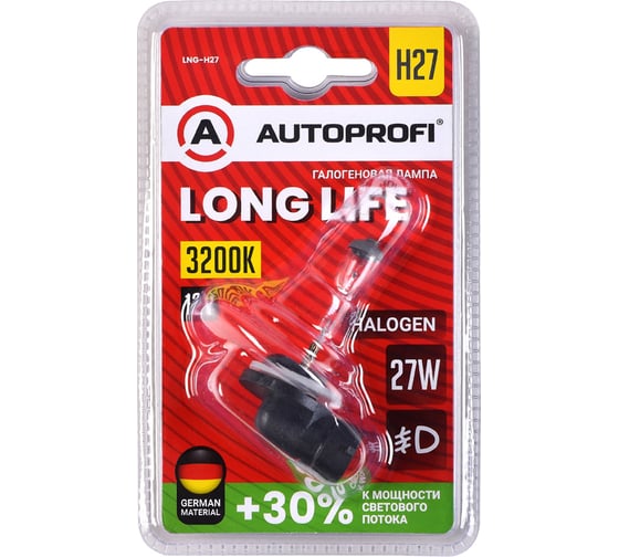 Автомобильная галогенная лампа AUTOPROFI H27, 12V, 27W, (PGJ13),1 шт, +30% LONG LIFE LNG-H27