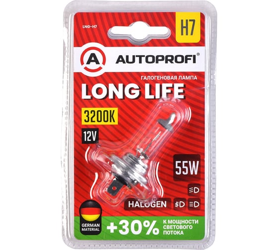 Автомобильная галогенная лампа AUTOPROFI H7, 12V, 55W, (PX26D),1 шт, +30% LONG LIFE LNG-H7