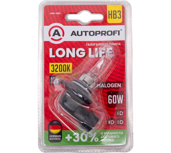 Автомобильная галогенная лампа AUTOPROFI HB3, 12V, 60W, (P20d),1 шт, +30% LONG LIFE LNG-HB3
