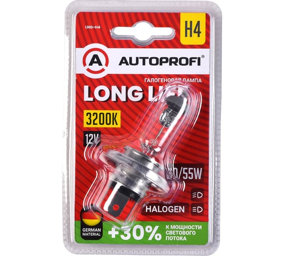 Автомобильная галогенная лампа AUTOPROFI H4, 12V, 60/55W, (P43T),1 шт, +30% LONG LIFE LNG-H4